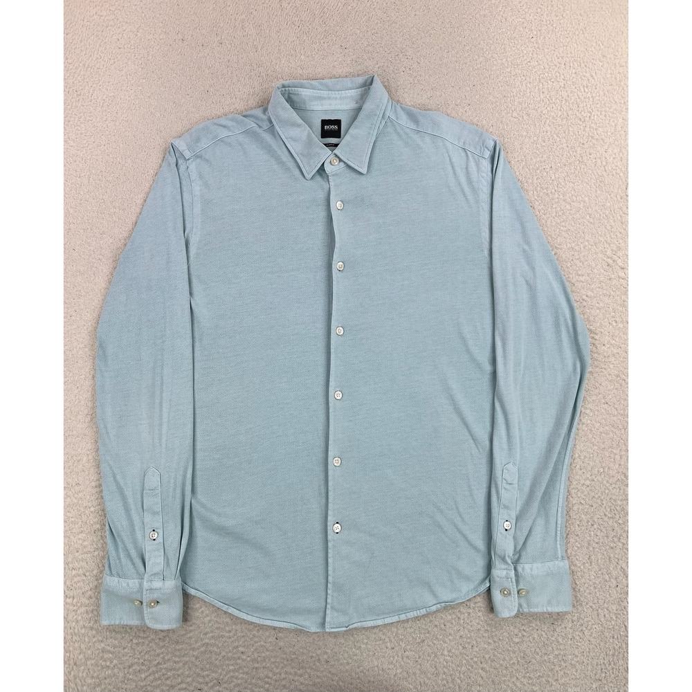 Boss Shirt Mens XL Blue Knit Cotton Long Sleeve Button Up Slim Fit Casual